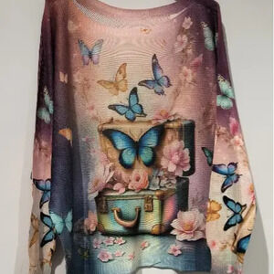 L21 Loowie Pink Butterfly Knit Printed Sweater One Size